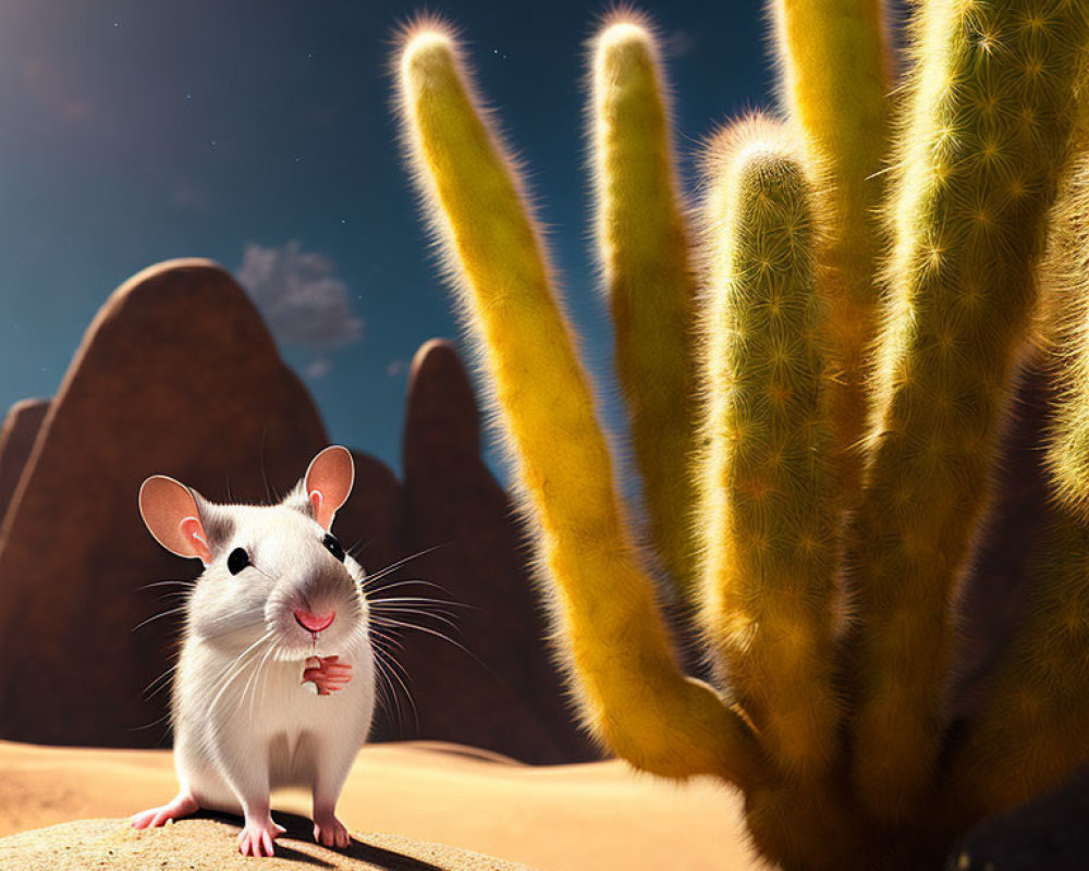 Cartoon mouse with cactus in desert landscape