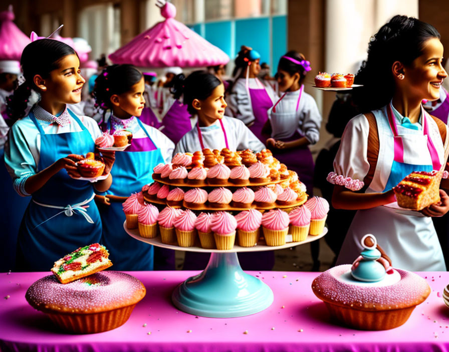 Girls Smiling with Cupcakes by Cupcake Display