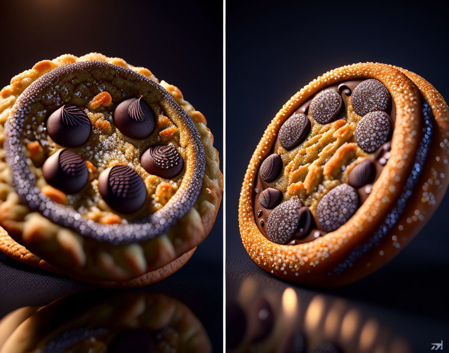 Intricately designed chocolate-topped tarts on reflective surface