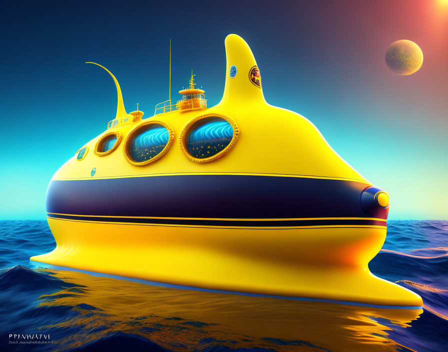 Colorful Yellow Submarine Digital Artwork with Portholes in Surreal Seascape