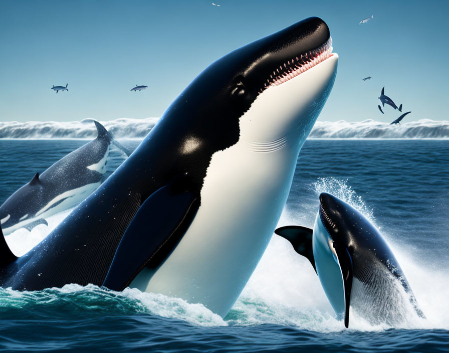 Orca whales leaping with glacier and birds