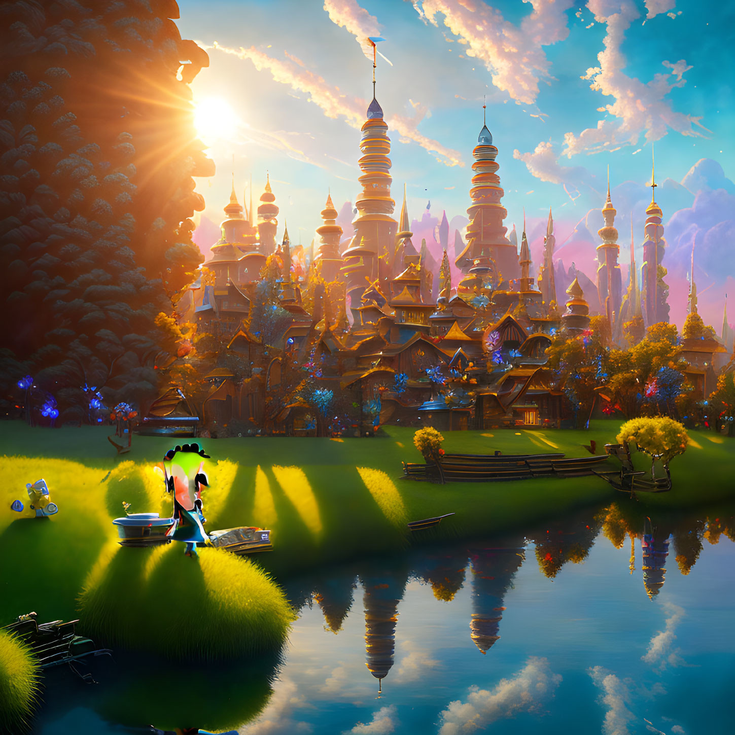 Majestic fantasy landscape with spires, river, and characters at sunrise