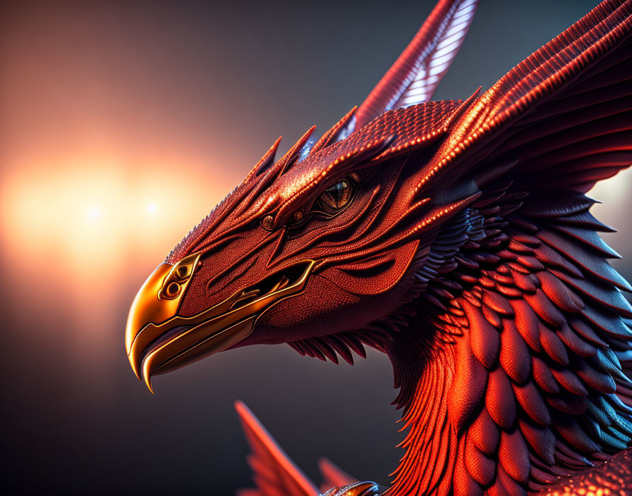 Detailed 3D illustration: Majestic red dragon with sharp beak, yellow eyes, and intricate