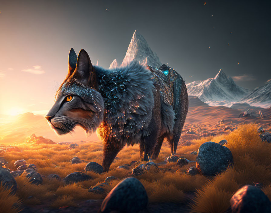 Majestic fantasy fox with sparkling fur in amber-lit meadow