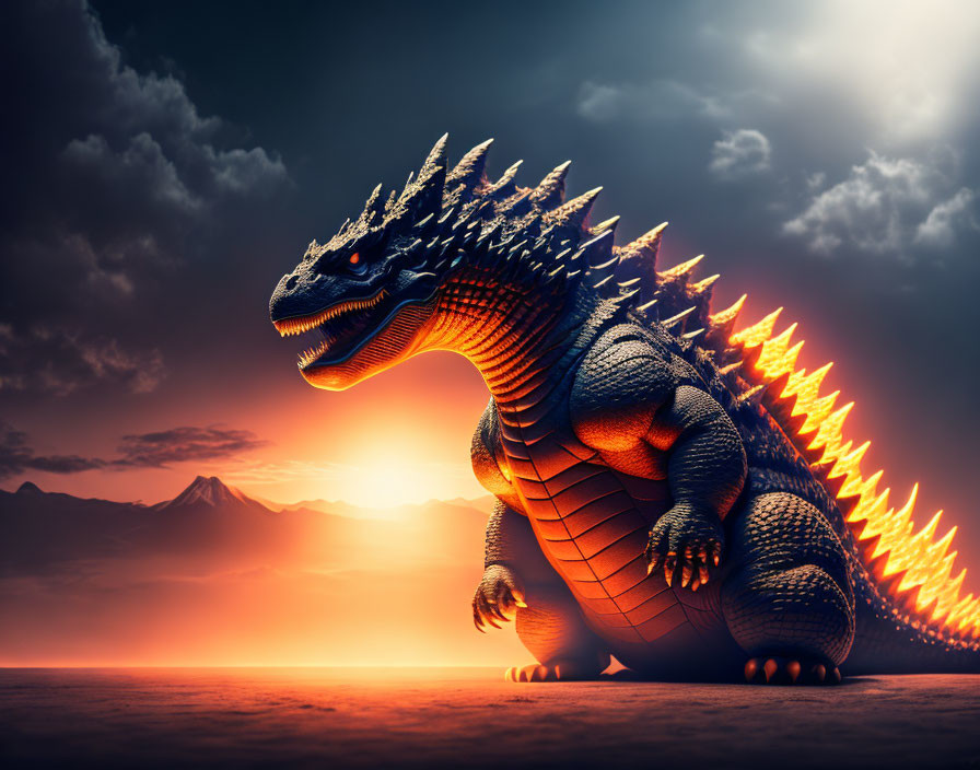 Majestic dragon with glowing spikes in dramatic sunset landscape