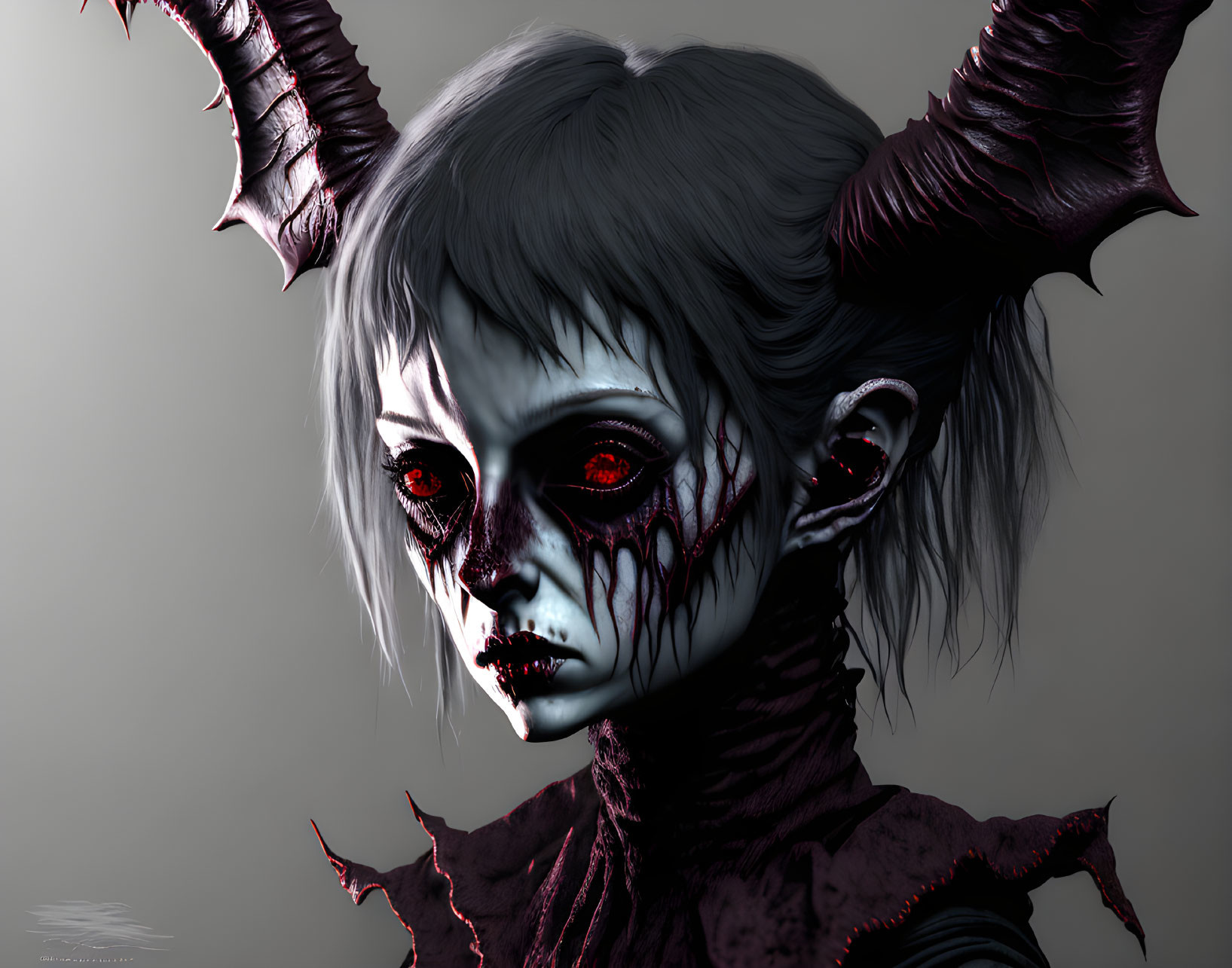 Fantasy creature digital artwork with pale skin, red eyes, sharp horns, and dark clothing