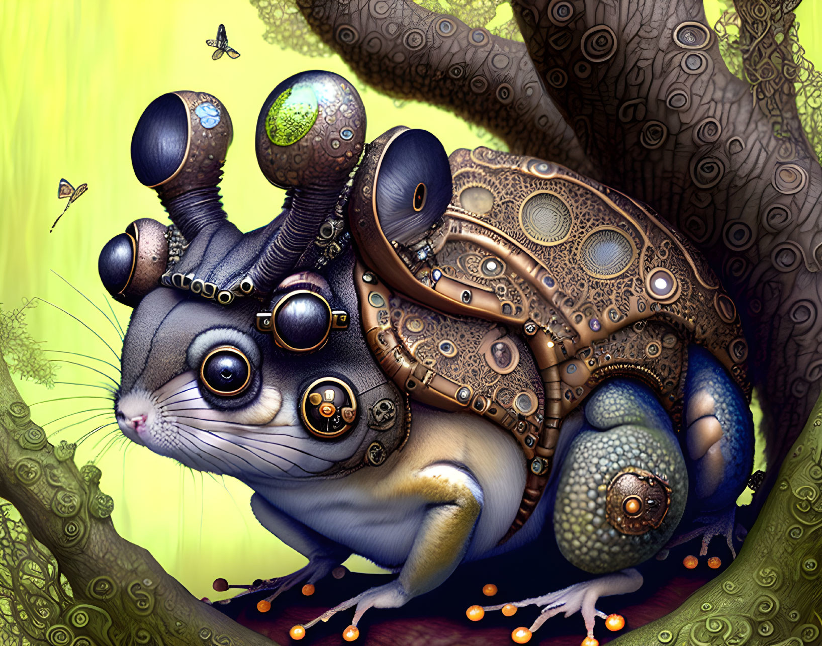 Mechanical steampunk rabbit in a whimsical forest setting