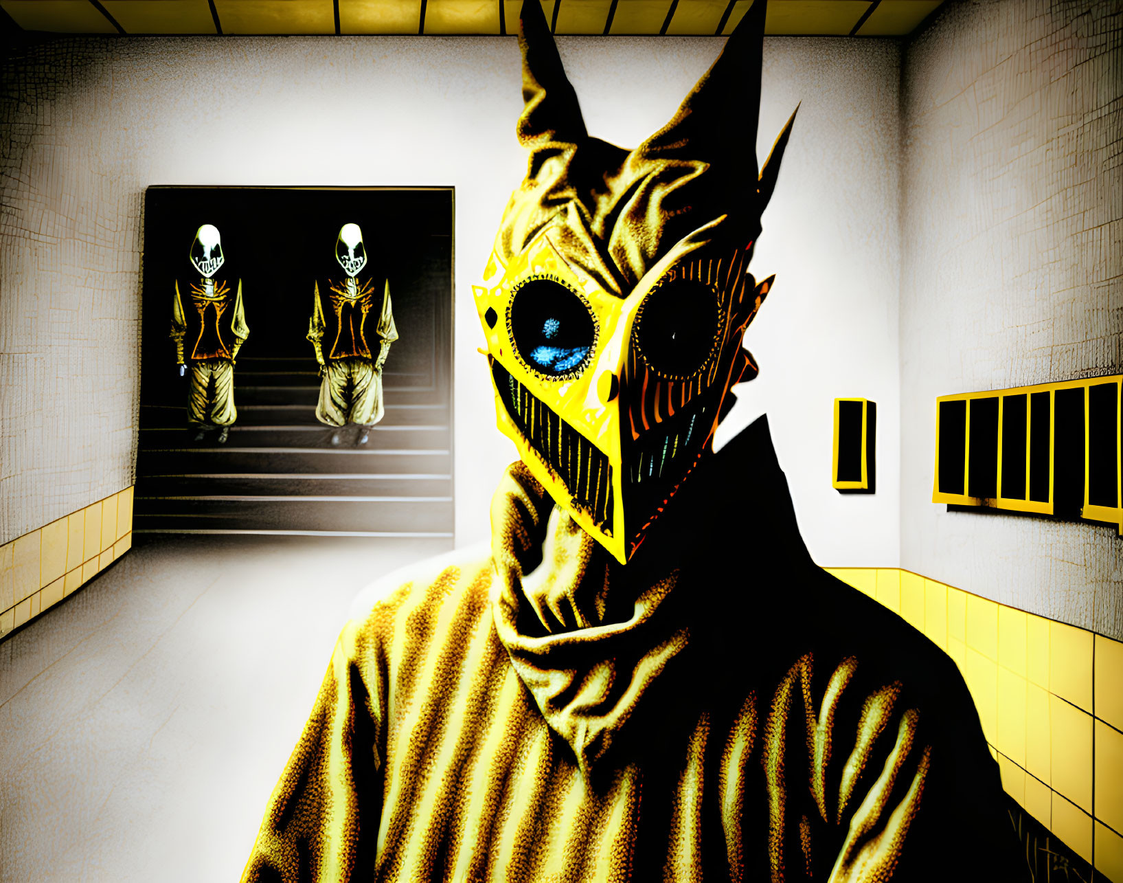 Person in Yellow Horned Mask Surrounded by Skeleton Portraits