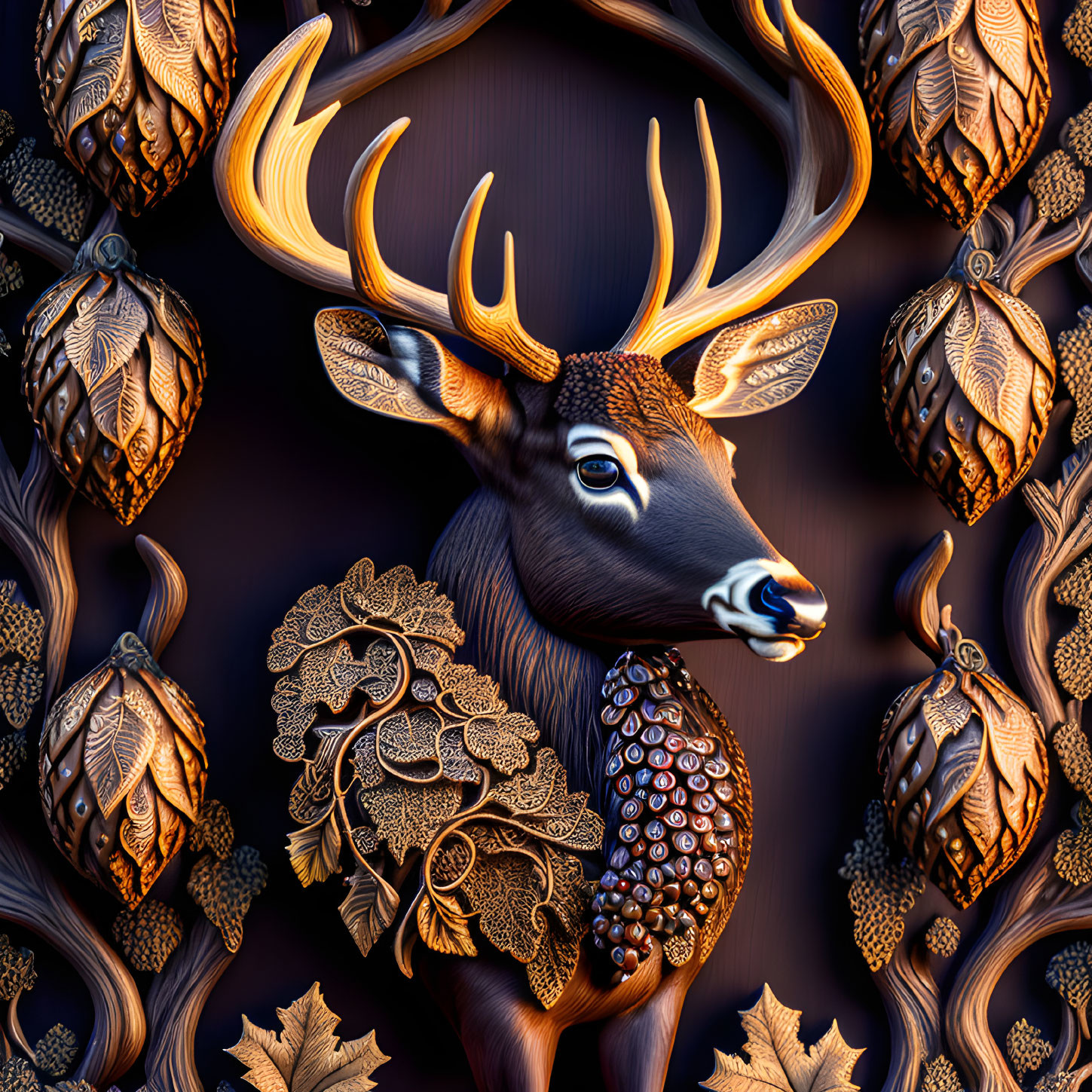 Stylized deer with ornate antlers in autumnal setting