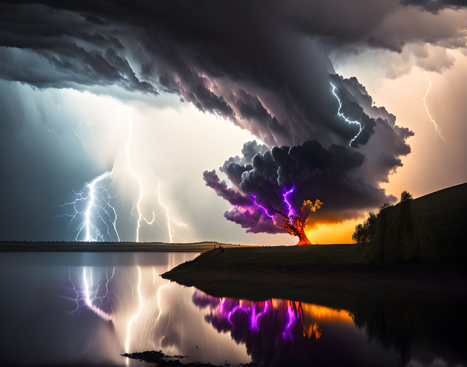 Dramatic storm clouds and lightning strikes over lake with illuminated tree at dusk