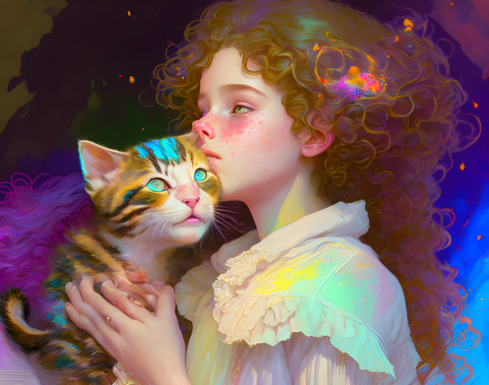 Curly-haired girl with freckles holding colorful kitten in vibrant glow