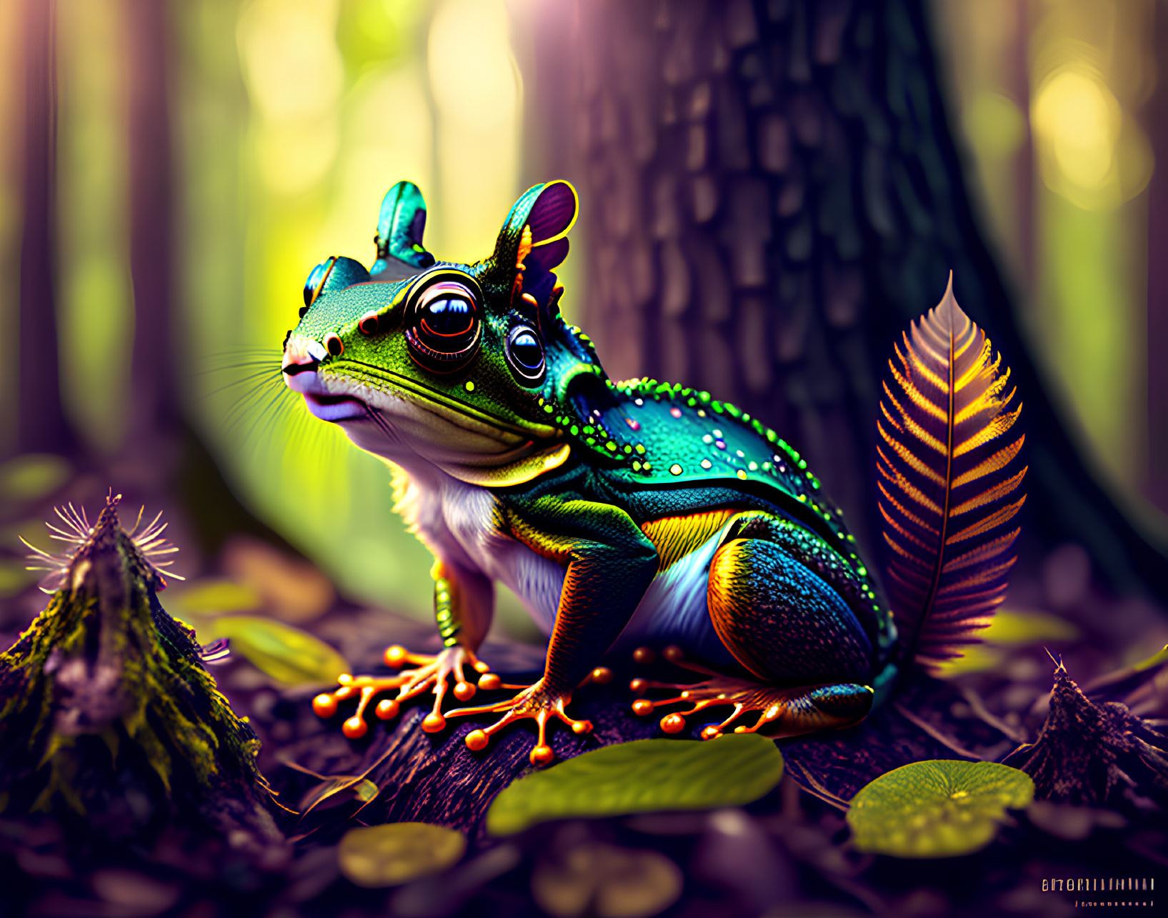 Colorful Stylized Frog in Enchanted Forest Setting