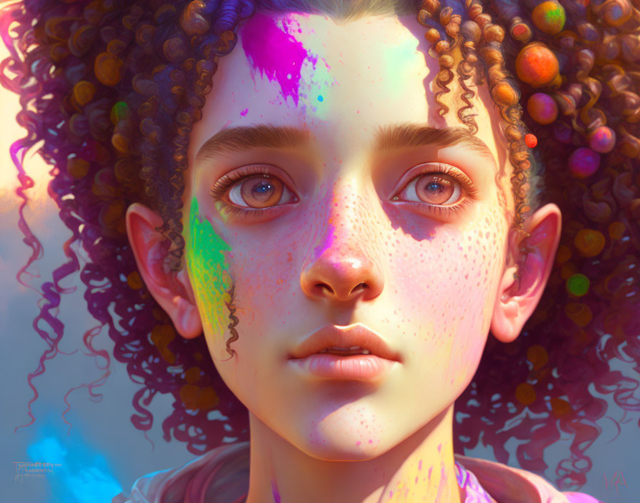 Detailed digital portrait of a person with curly hair and colorful paint streaks, showcasing intricate eyes and fre