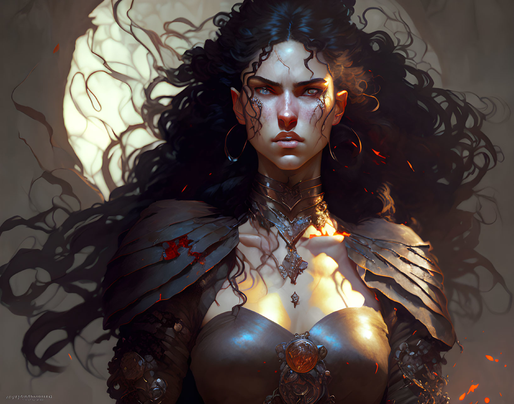 Dark-haired warrior with glowing markings and fiery armor.