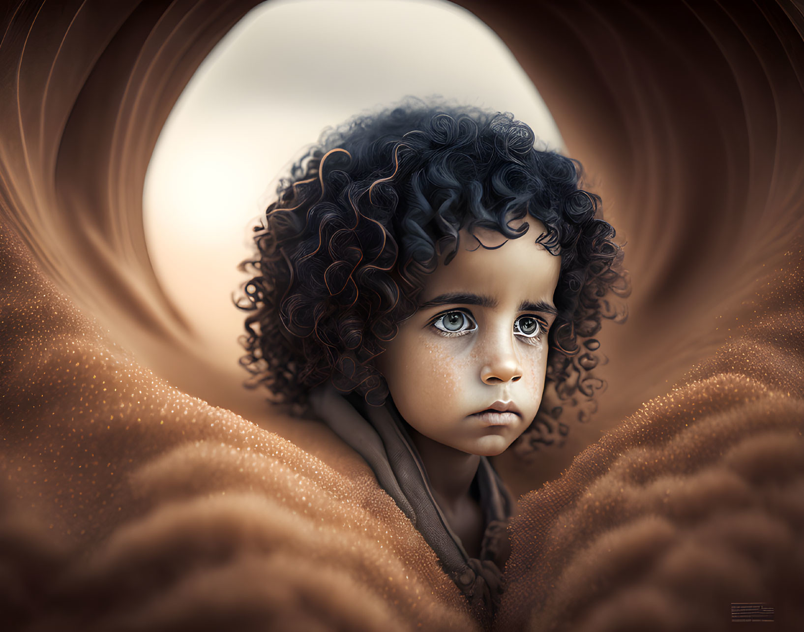 Curly-Haired Child in Brown Garment with Large Eyes