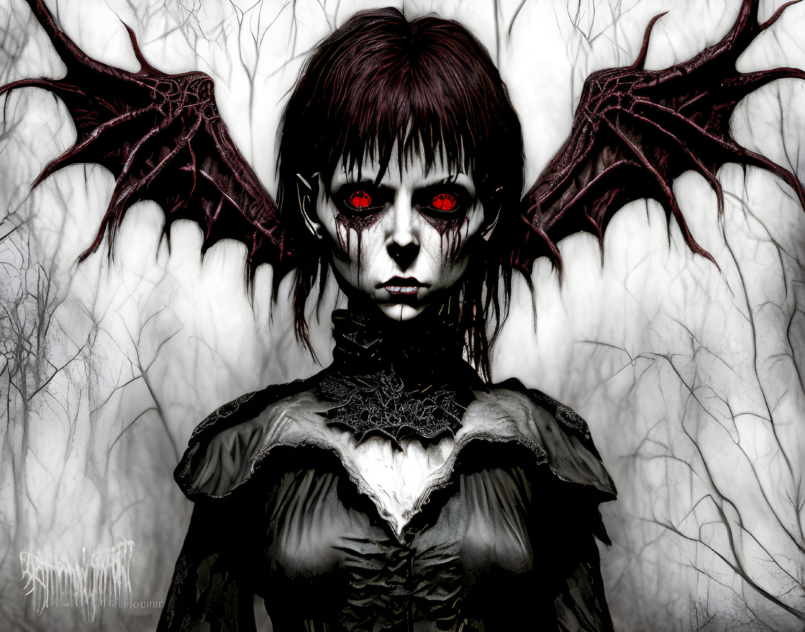 Eerie gothic figure with red eyes and bat-like wings in misty setting