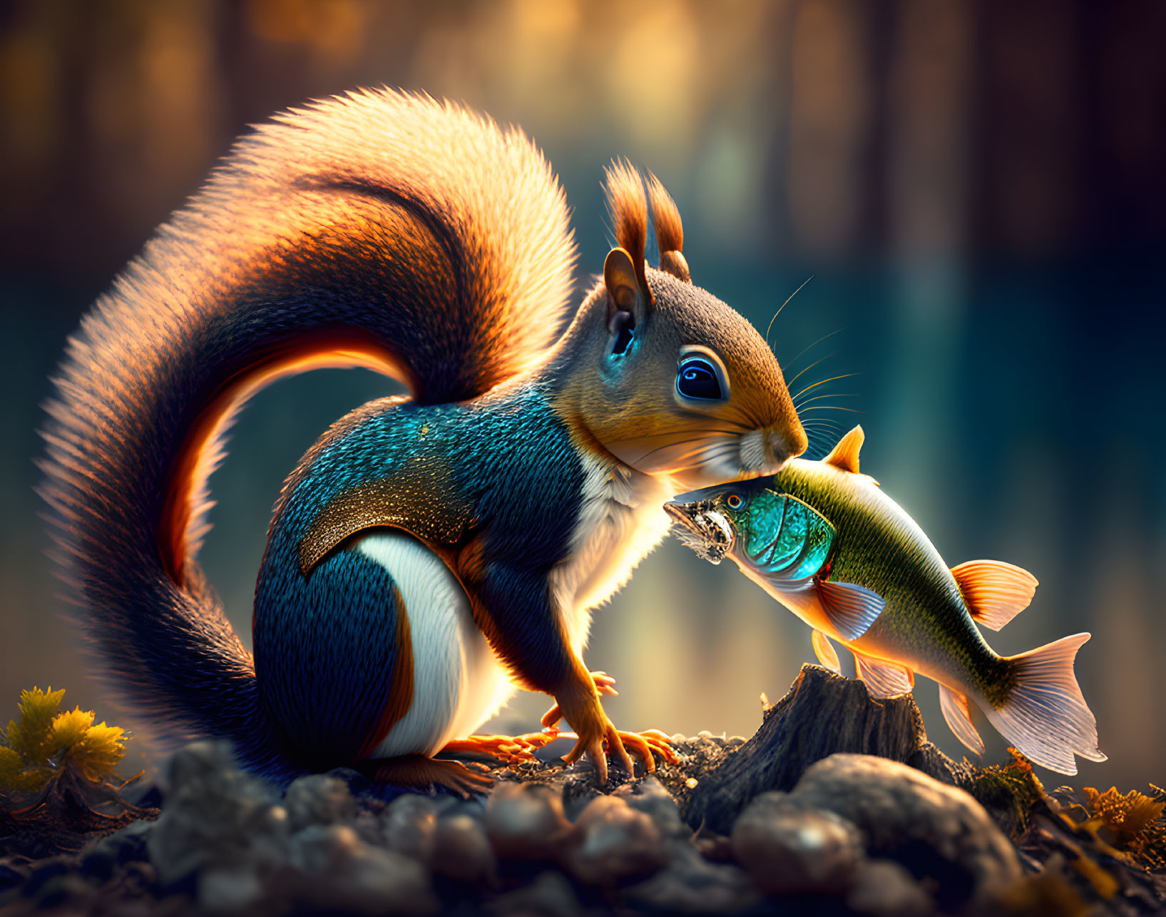 Colorful squirrel meets iridescent fish in enchanted forest