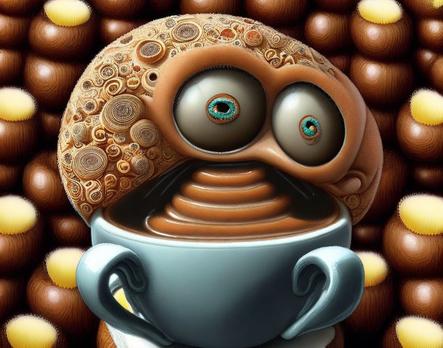 Anthropomorphic coffee cup with blue eyes and foam head on coffee bean backdrop