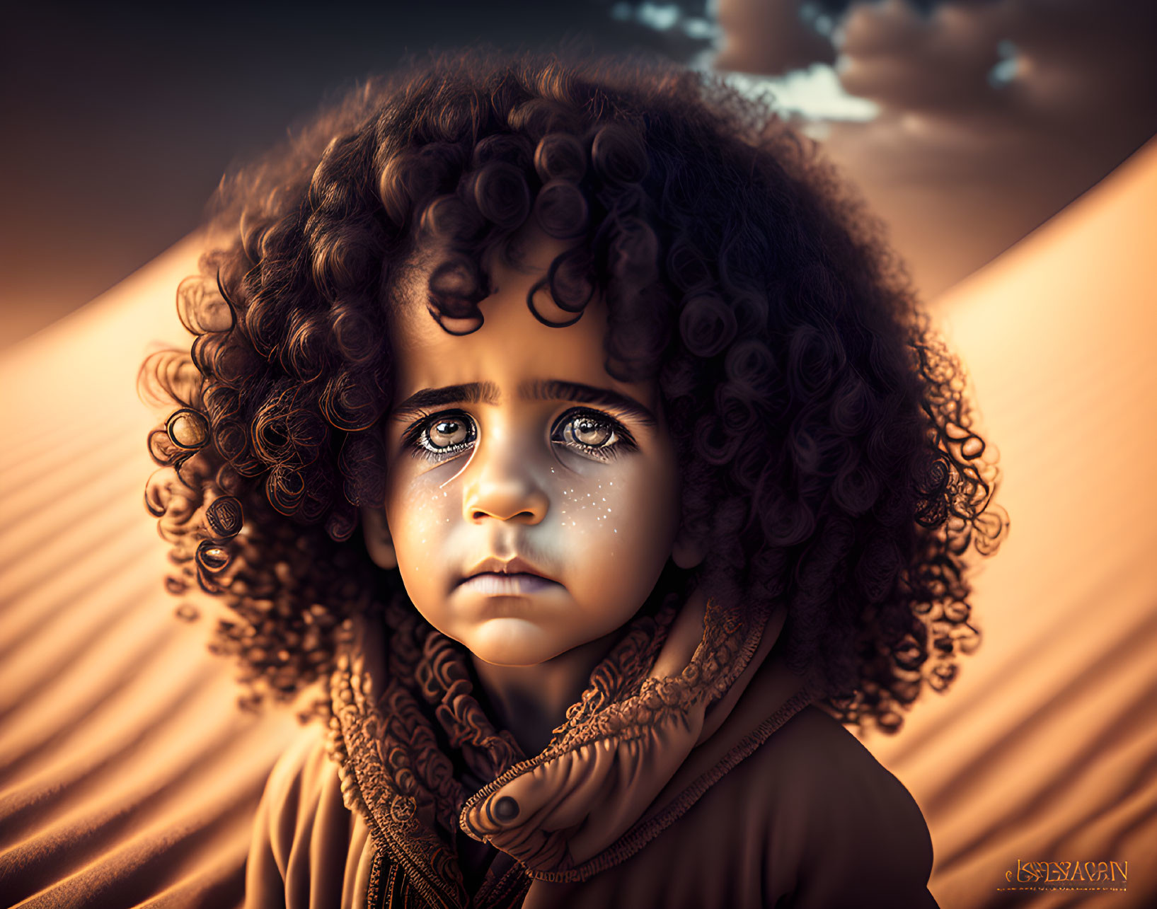 Curly-Haired Child with Blue Eyes in Desert Landscape