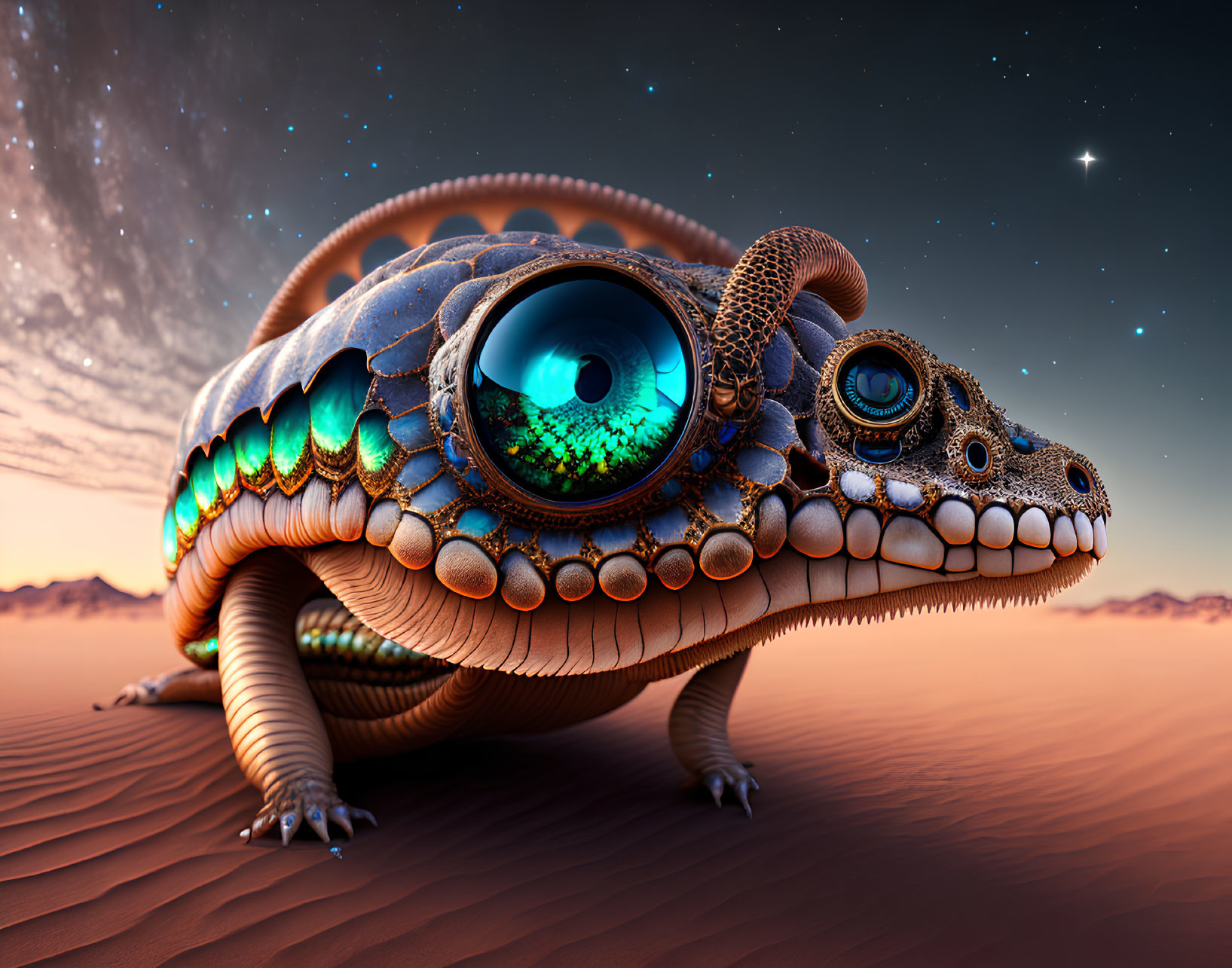 Detailed surreal chameleon-like creature with large blue eyes in desert galaxy.