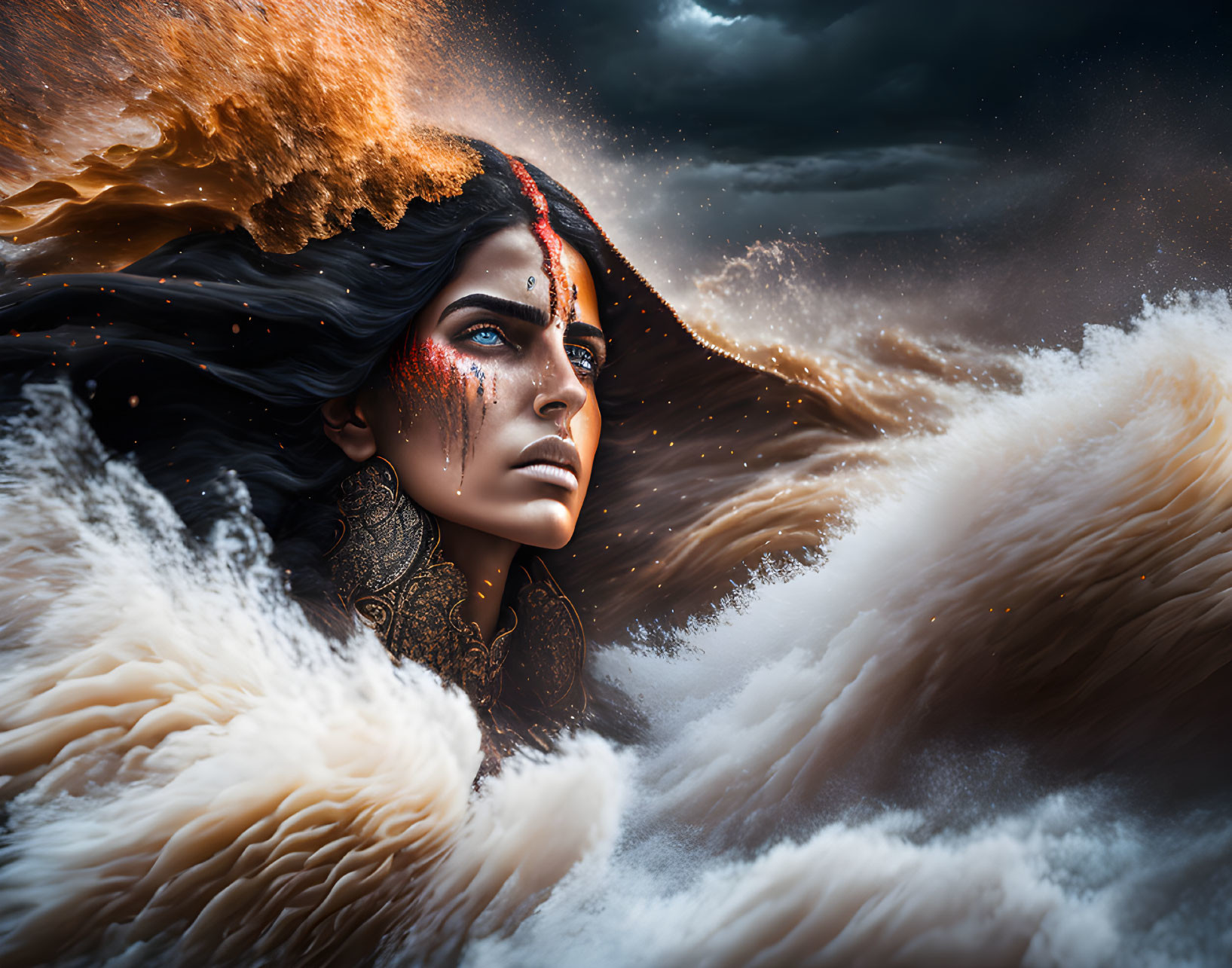 Digital artwork featuring woman with fiery orange hair and black attire against stormy sea backdrop