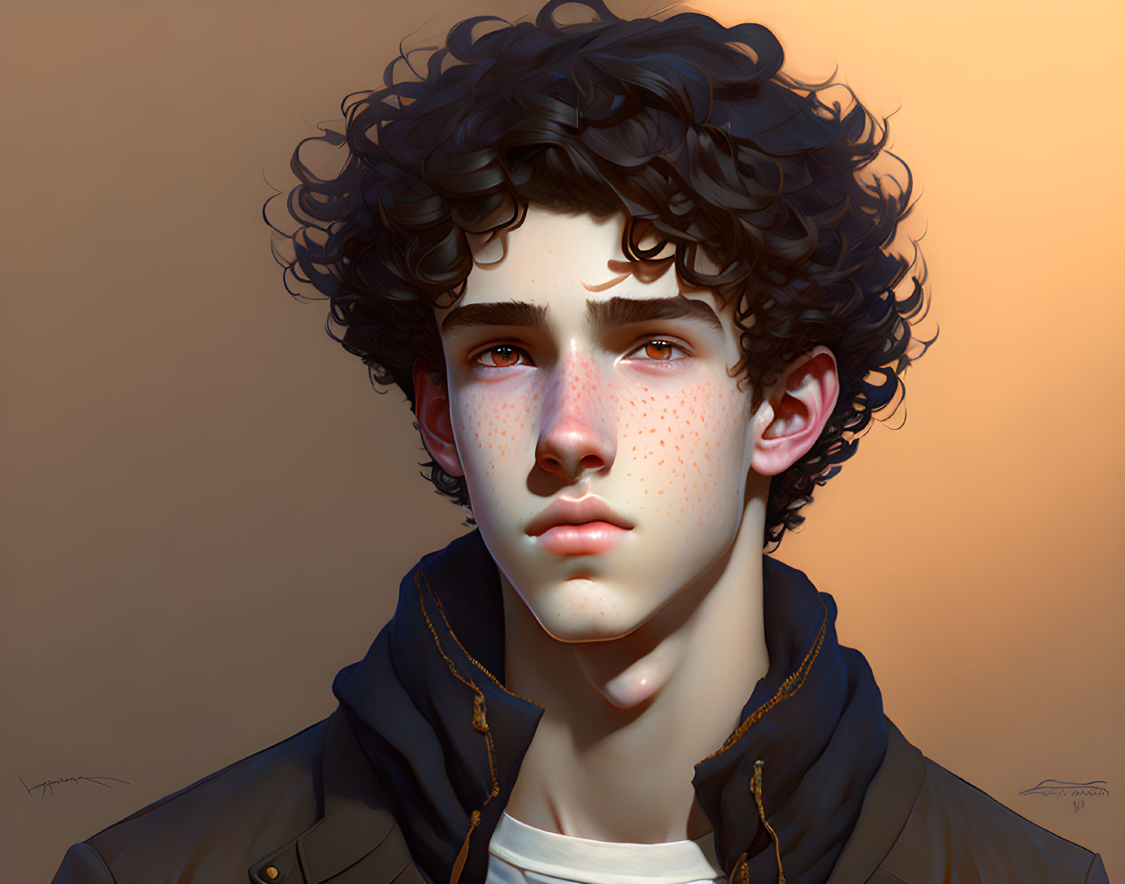 Young male with curly hair and freckles in brown jacket on orange backdrop