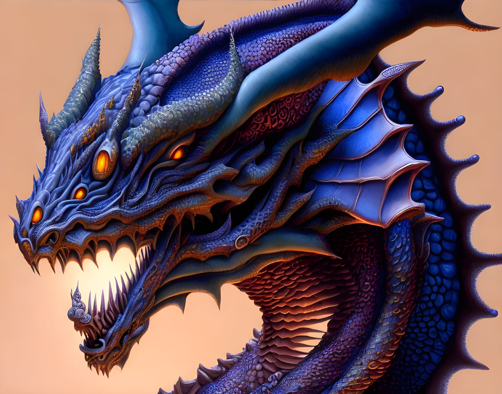 Detailed Blue Dragon with Multiple Orange Eyes and Sharp Teeth on Orange Backdrop