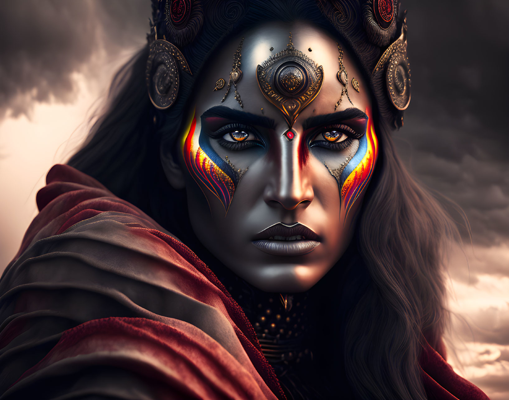 Intense-eyed woman with golden facial adornments under stormy sky