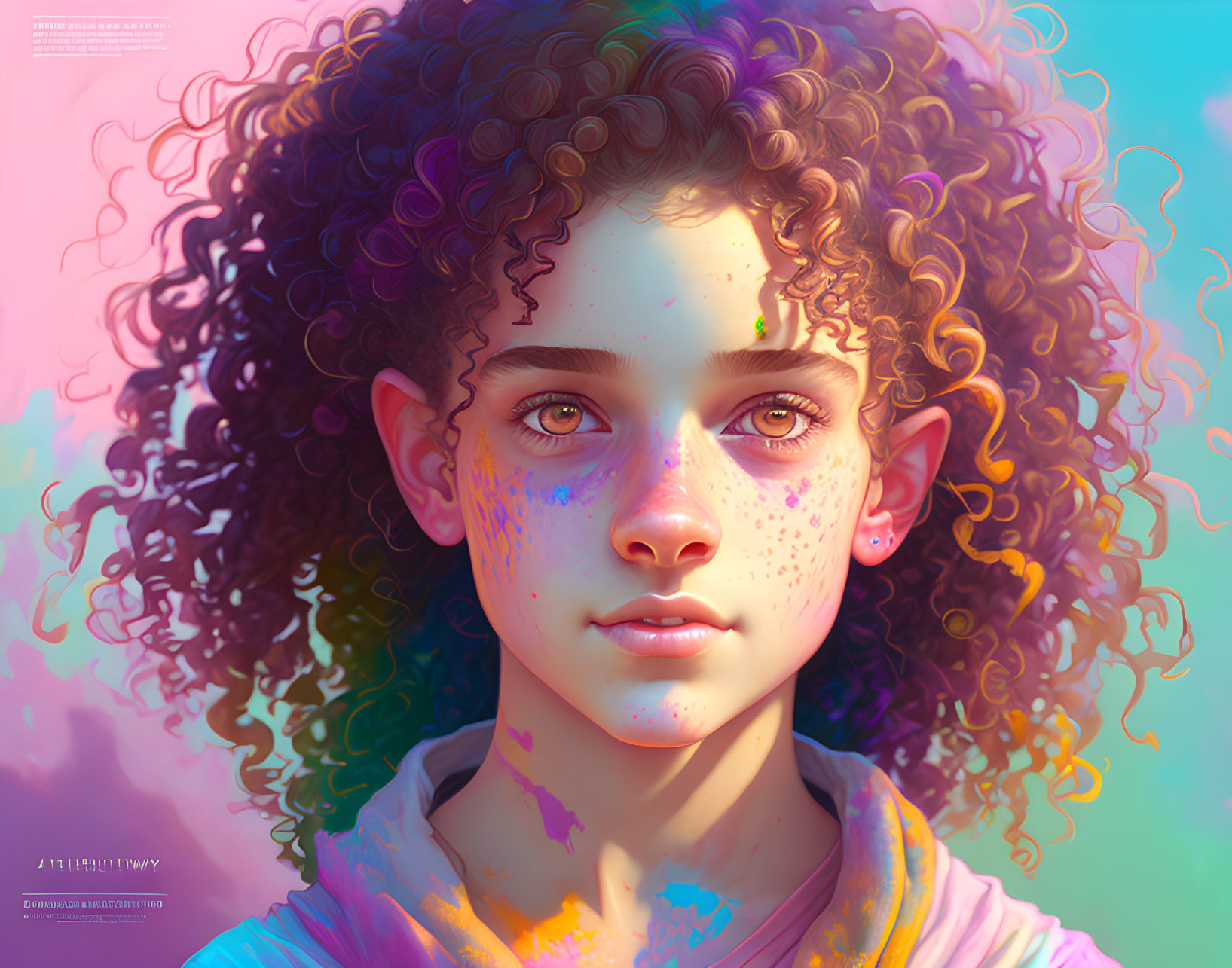 Young girl with curly hair and green eyes in digital portrait under warm light