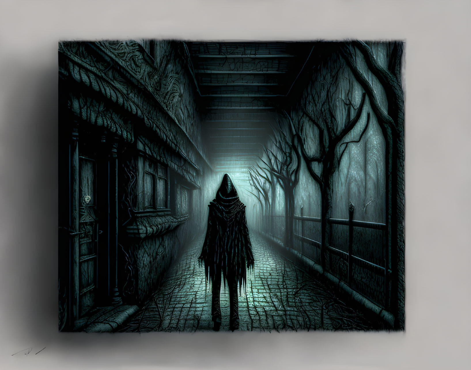 Hooded Figure in Eerie Alley with Gothic Architecture