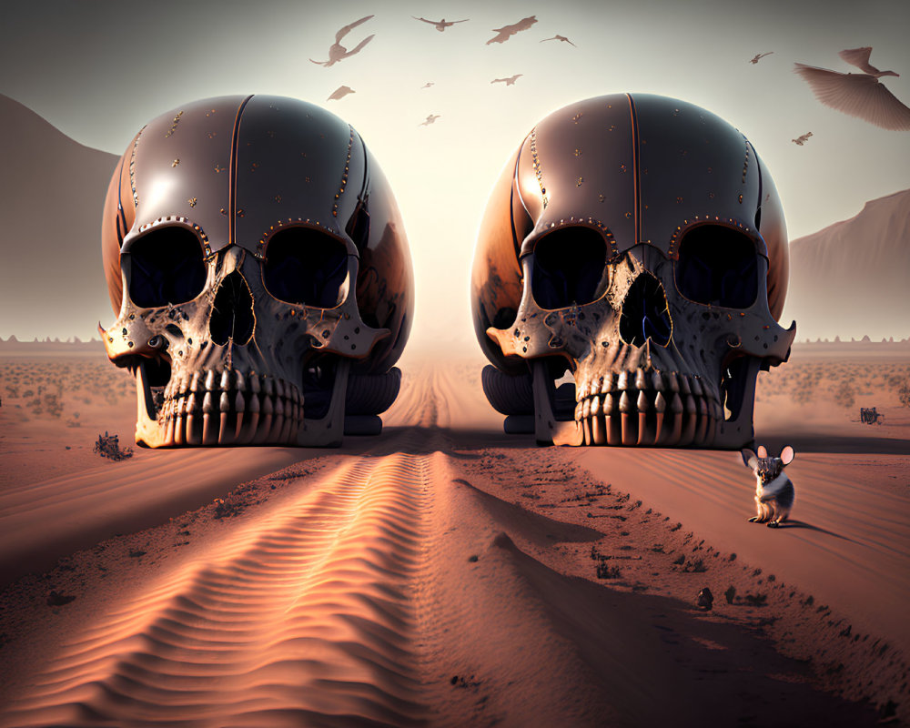 Metal skulls with glowing eyes in desert landscape with mouse and birds.