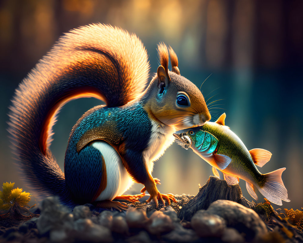 Colorful squirrel meets iridescent fish in enchanted forest