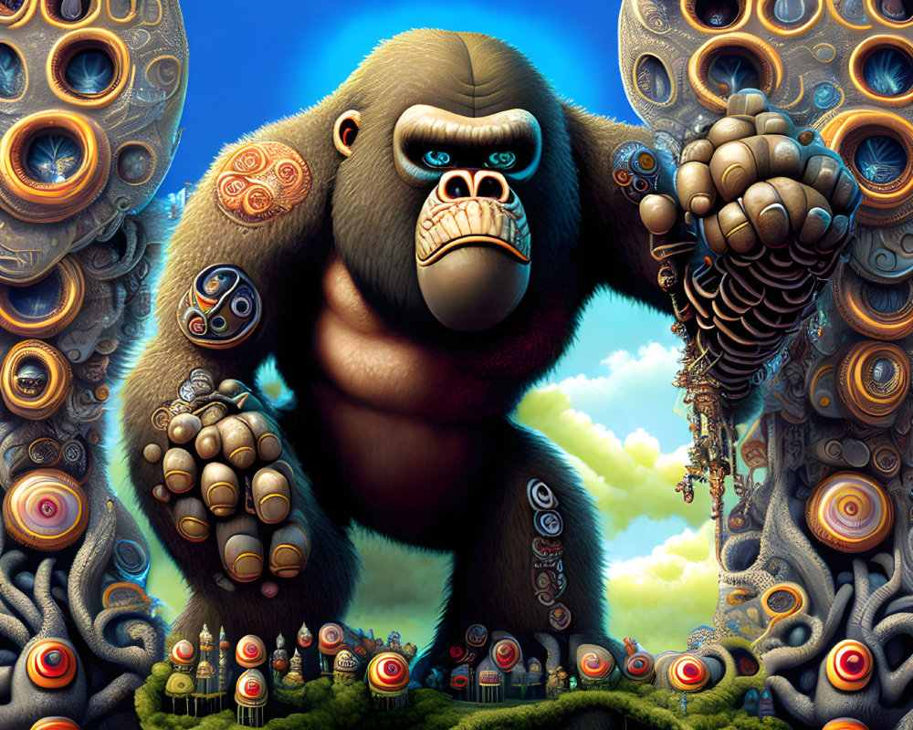 Colorful surreal artwork featuring a tribal gorilla amidst ornate circles and sky