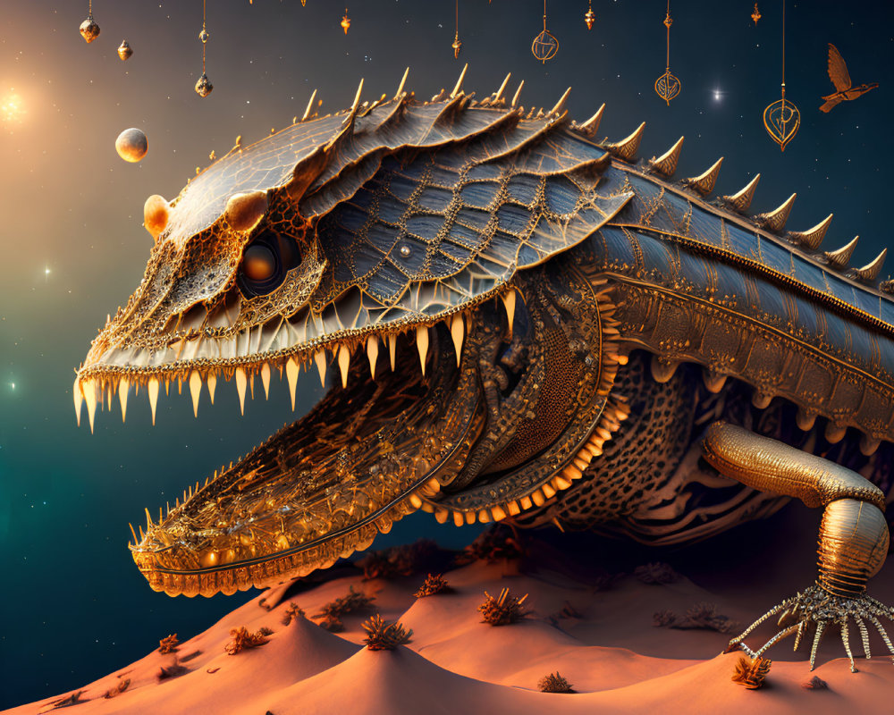 Steampunk dragon flying over desert night sky