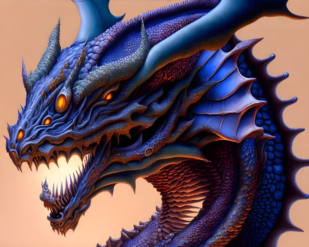 Detailed Blue Dragon with Multiple Orange Eyes and Sharp Teeth on Orange Backdrop