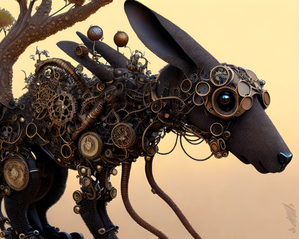 Steampunk-inspired mechanical rabbit sculpture with intricate gears and cogs on warm backdrop