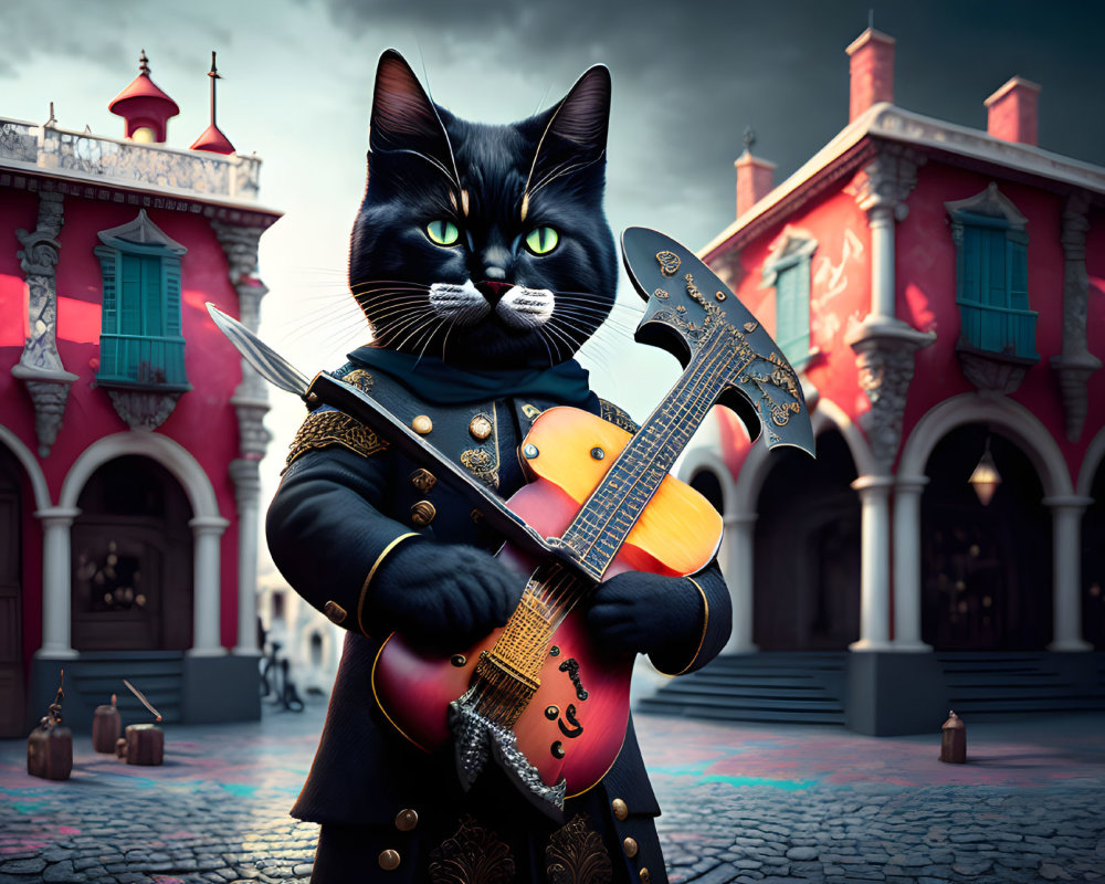 Black Cat with Yellow Eyes in Fancy Jacket Holding Electric Guitar Against Ornate Buildings and Dramatic Sky