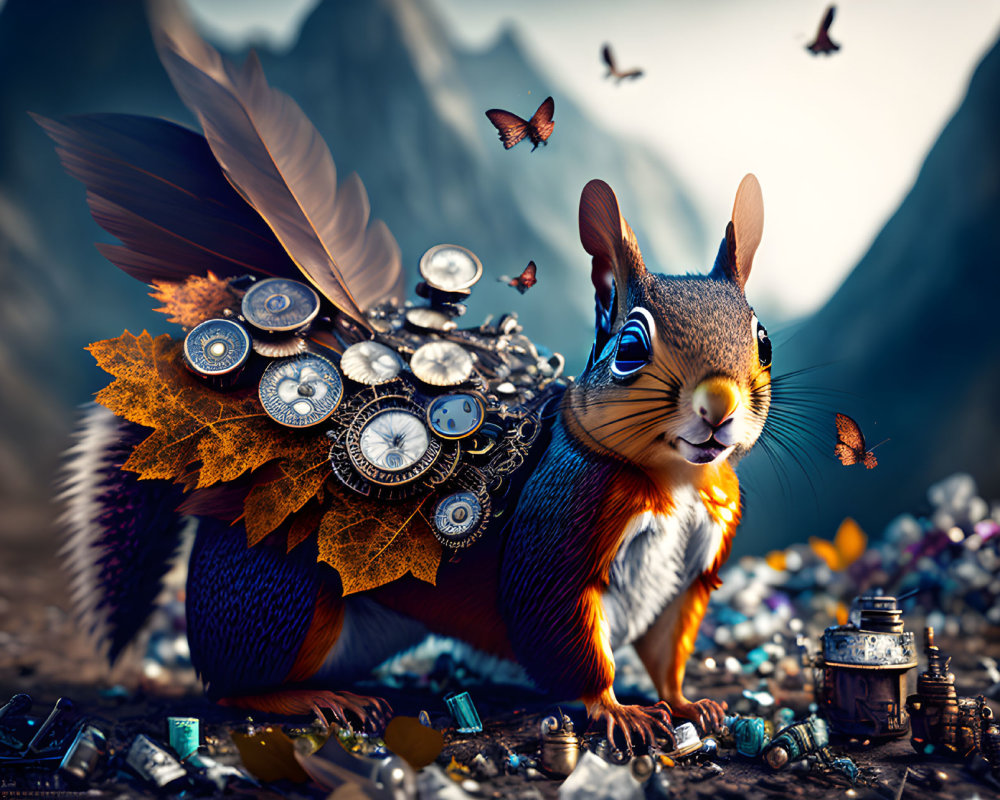 Whimsical squirrel with mechanical elements and feathers in gear and butterfly scene