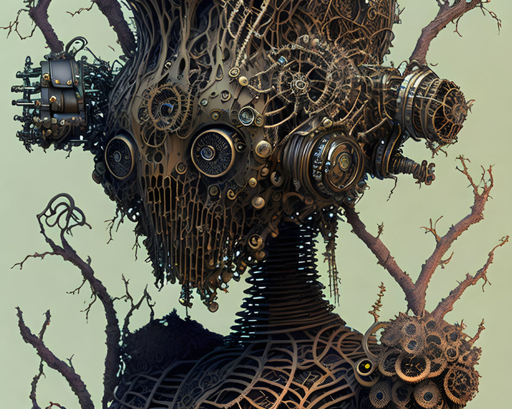 Intricate Steampunk Tree with Mechanical Elements and Gear Textures