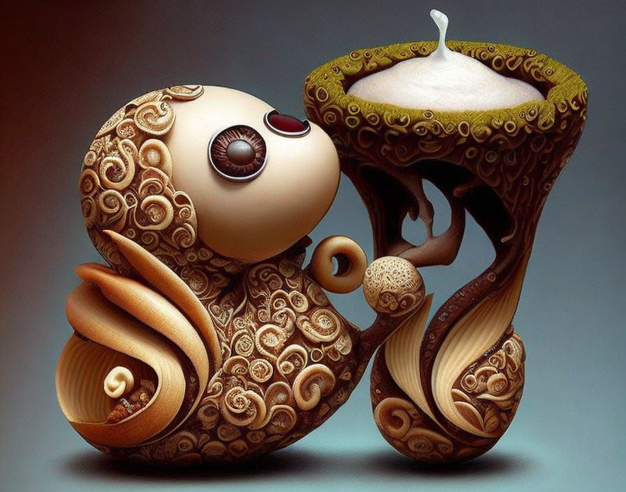 Stylized beige squirrel creature with ornate patterns and fluffy tail holding cream-filled acorn