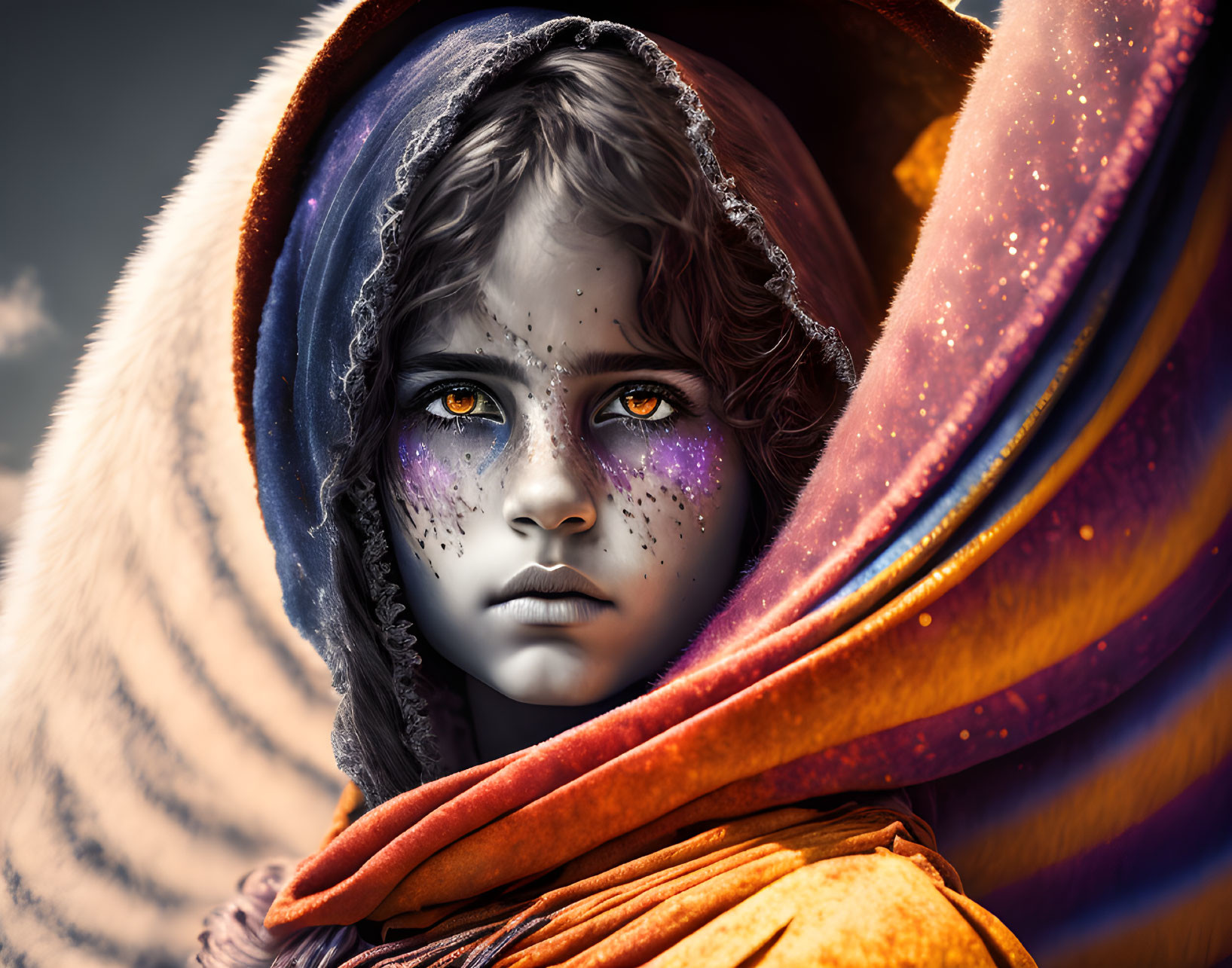 Young girl with yellow eyes in colorful cloak under dramatic sky