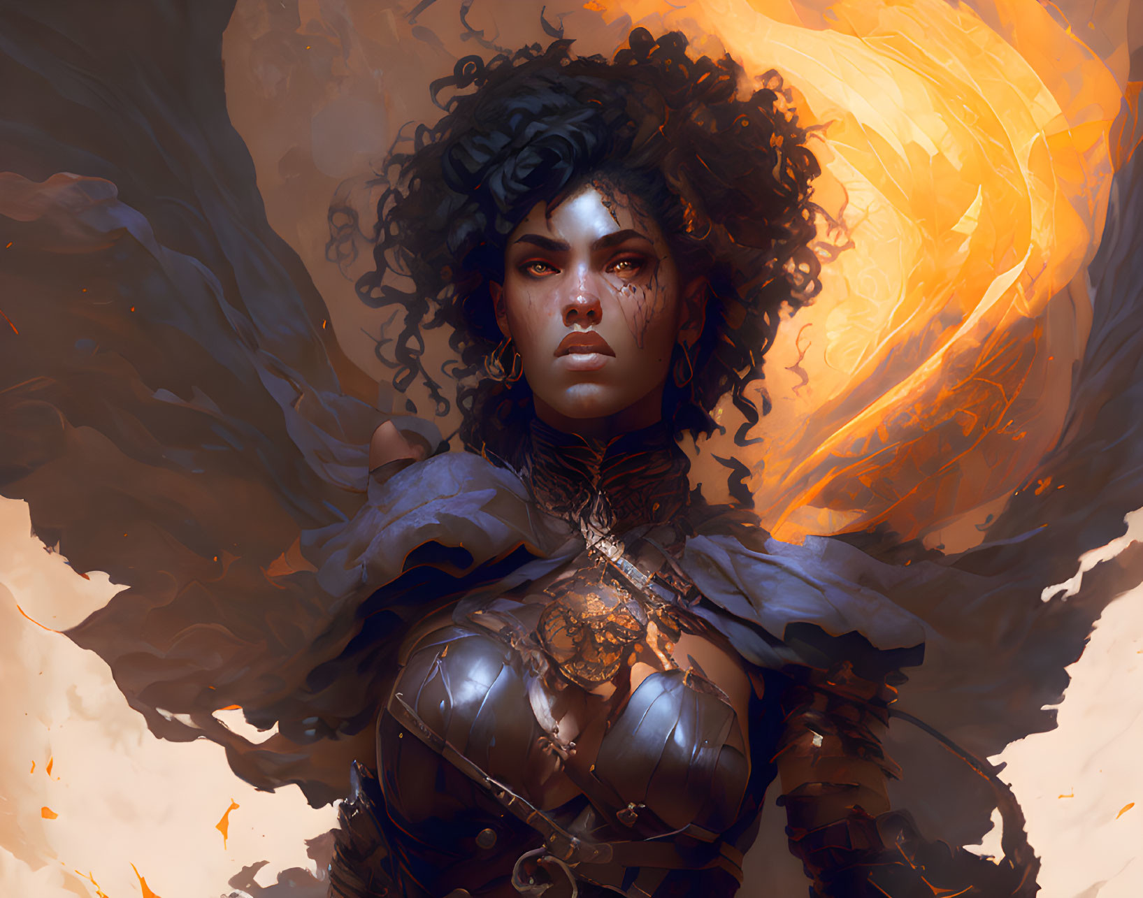 Curly-Haired Woman in Armor Surrounded by Fiery Elements