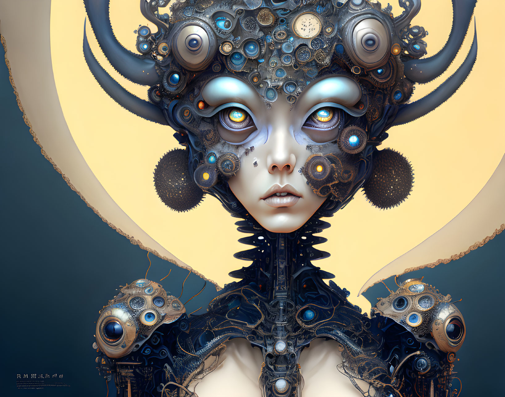 Fantastical creature with mechanical horns and blue eyes in surreal steampunk art