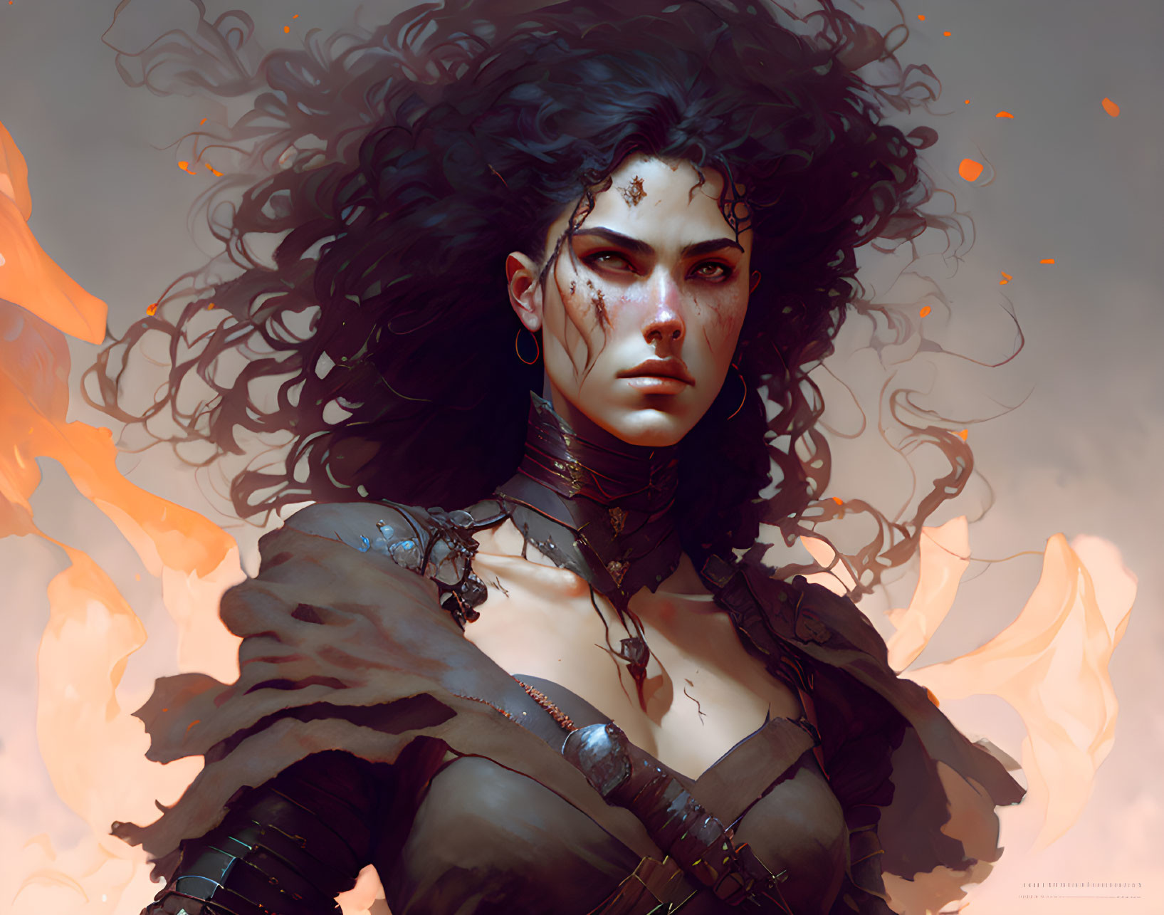 Intense woman with black hair in dark armor before flames