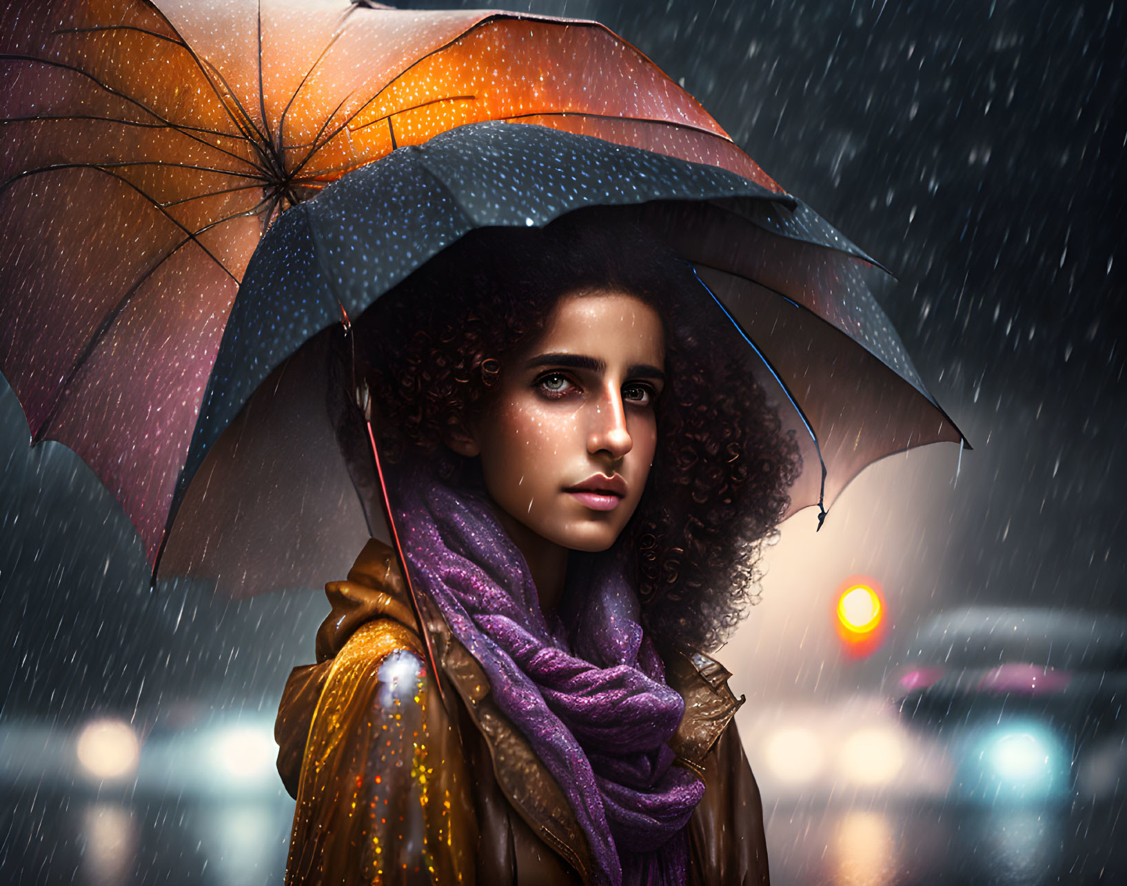 Curly-haired woman with umbrella in rain under city lights