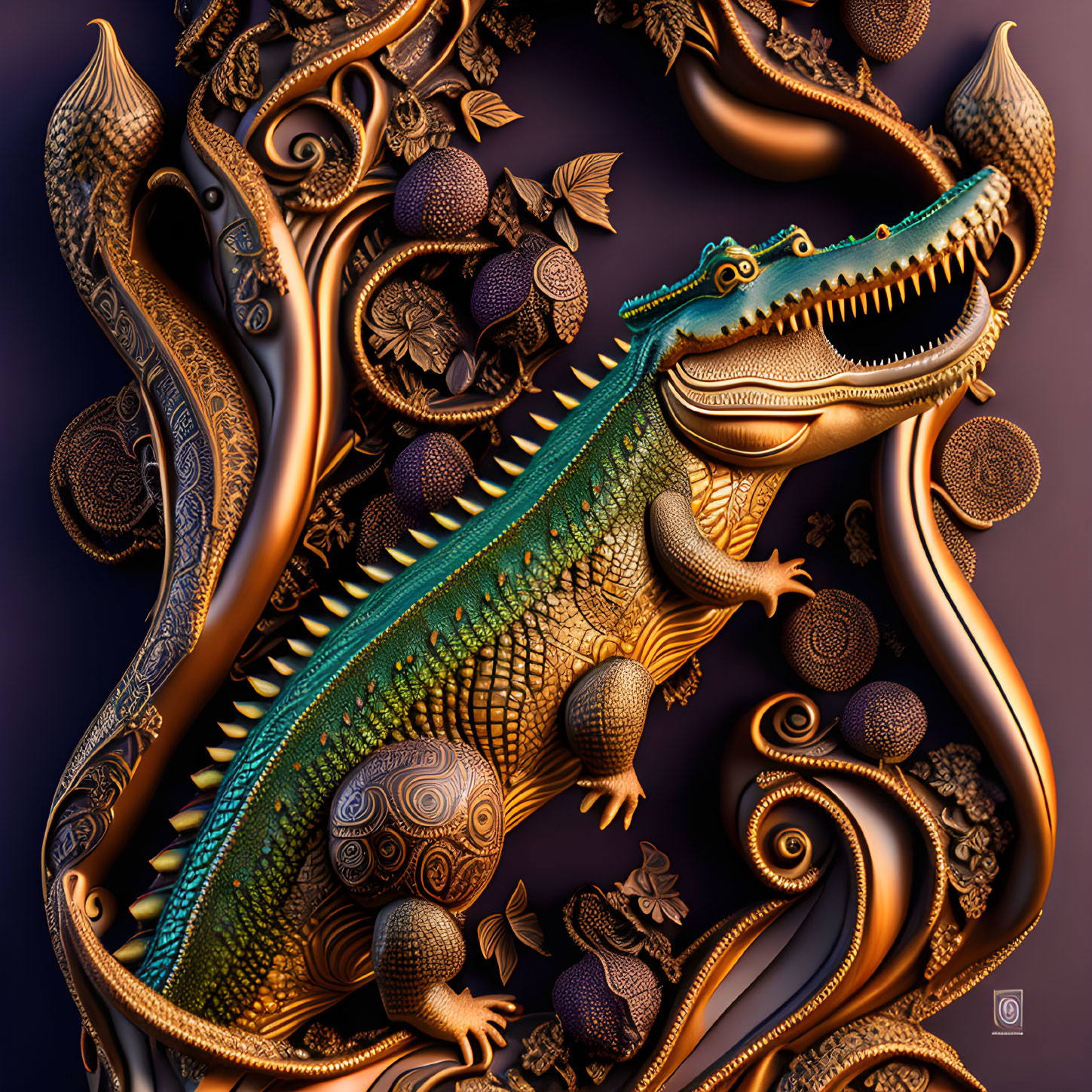 Colorful Stylized Crocodile Artwork with Ornate Patterns