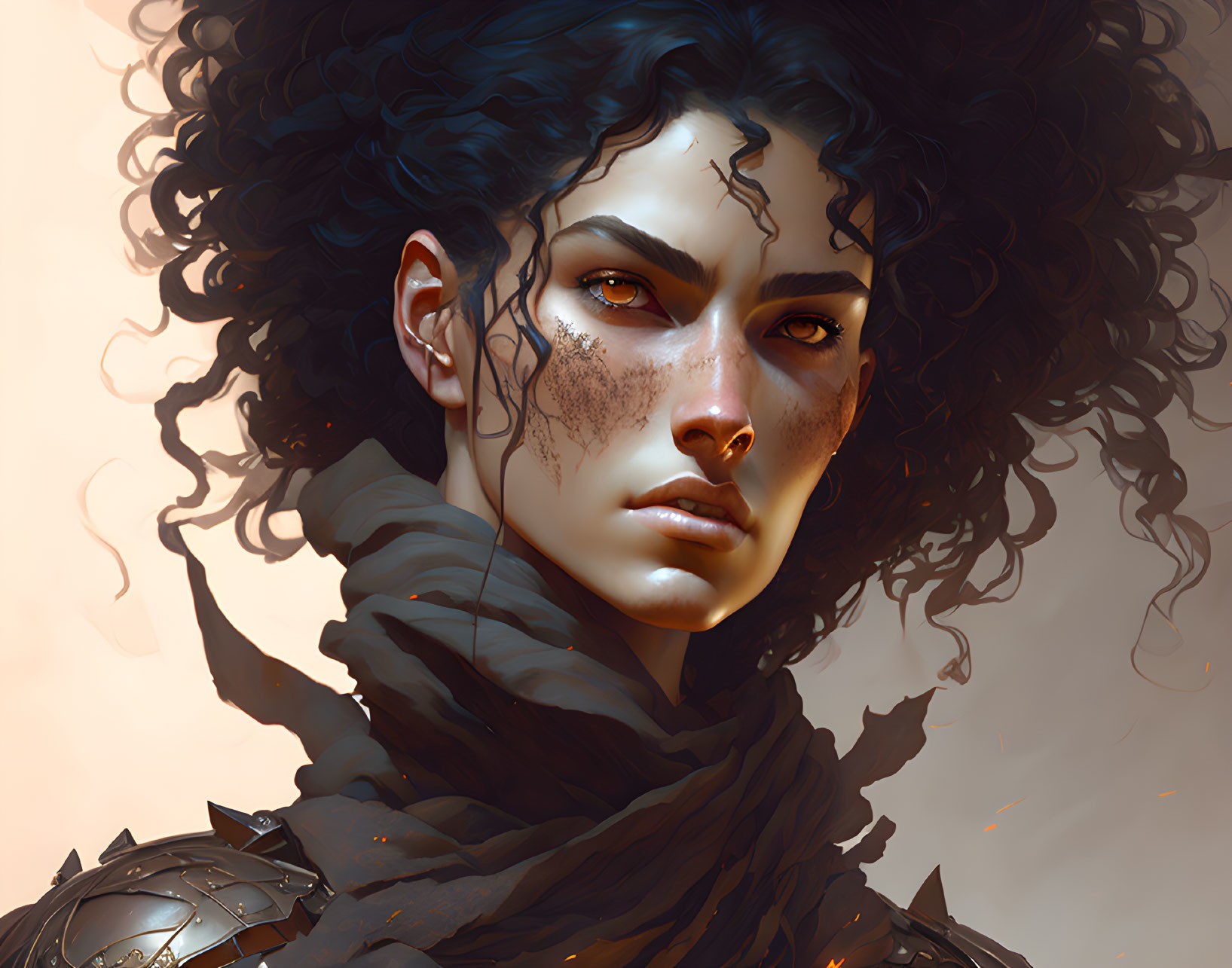 Portrait of woman with dark curly hair and freckles in light armor on soft background