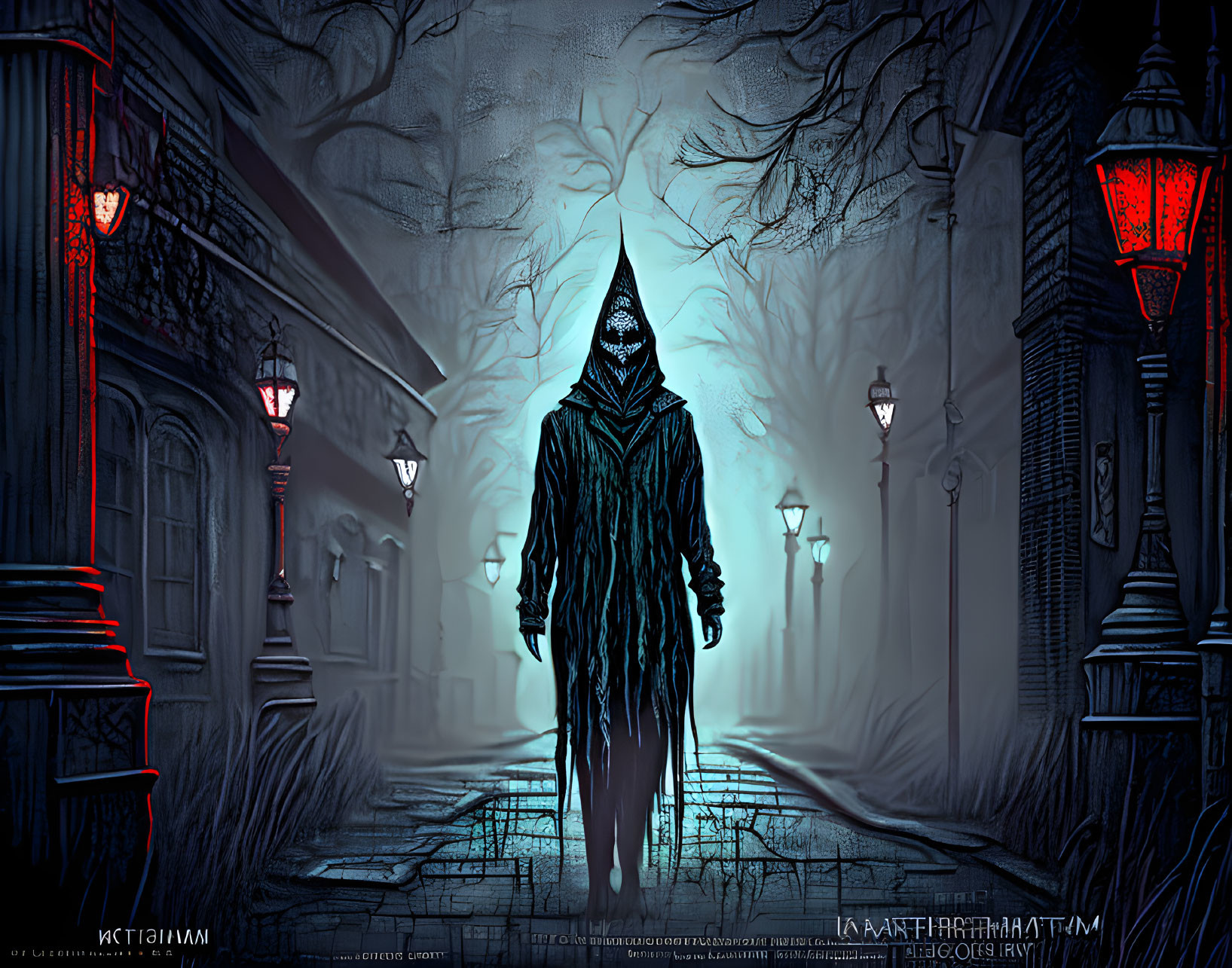 Hooded Figure in Moody Blue-lit Street