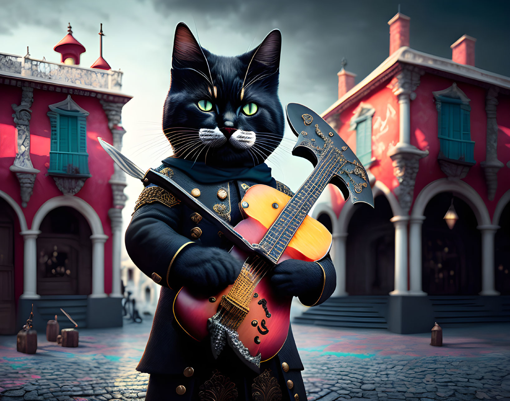 Black Cat with Yellow Eyes in Fancy Jacket Holding Electric Guitar Against Ornate Buildings and Dramatic Sky