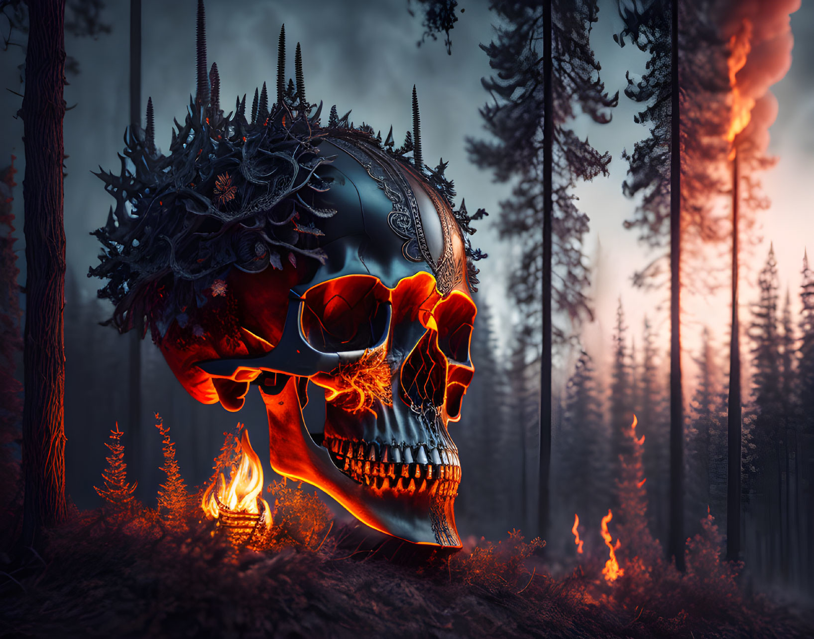 Decorated Skull with Antlers in Forest Setting with Fire Elements